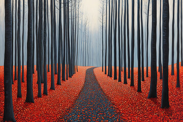 Obraz premium Red Autumn Path: A Serene Forest Walk. Discover the enchanting beauty of a tranquil autumn landscape, where a mysterious path winds through a forest of dark trees and vibrant red leaves.