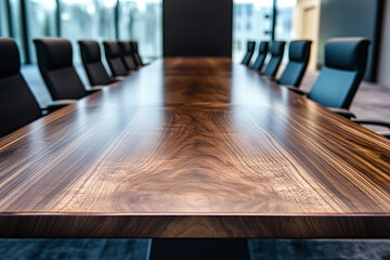 Sleek Walnut Conference Table in Modern Boardroom. Luxurious Office Interior Design. Perfect for Corporate Meetings and Business Negotiations.