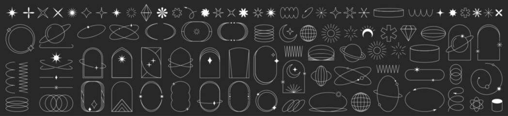 Modern minimalist y2k aesthetic line elements set. Simple geometric design shapes, decorative boho borders, linear figures in trendy retro style. Stars, basic forms, sparks and arch frames collection