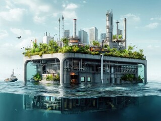 Obraz premium Innovative underwater renewable energy station coastal city futuristic design marine environment aerial perspective sustainability concept
