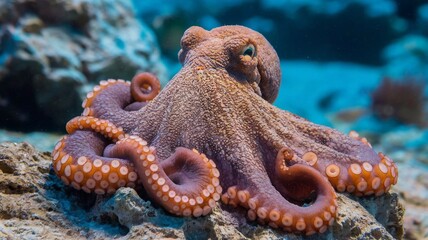 A highly detailed close-up of an octopus, showcasing its textured skin, expressive eyes, and orange-tinted tentacles