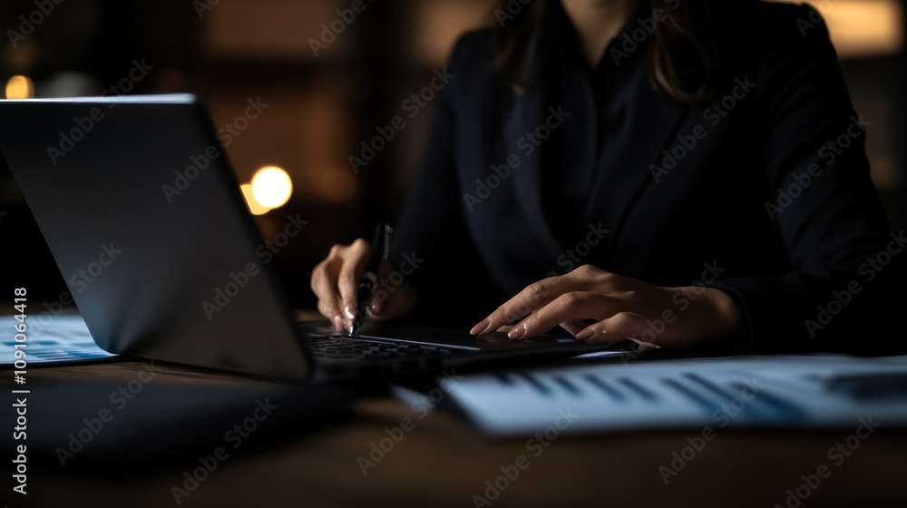 Poster A person working on a laptop with documents on a desk in a professional setting.