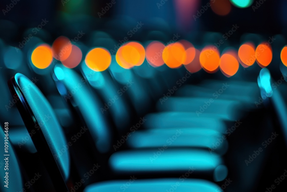 Aufkleber A blurred view of rows of chairs with soft glowing lights in the background.