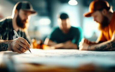 Creative brainstorming session with focused individuals collaborating on ideas. atmosphere is dynamic and engaging, showcasing teamwork and innovation. 