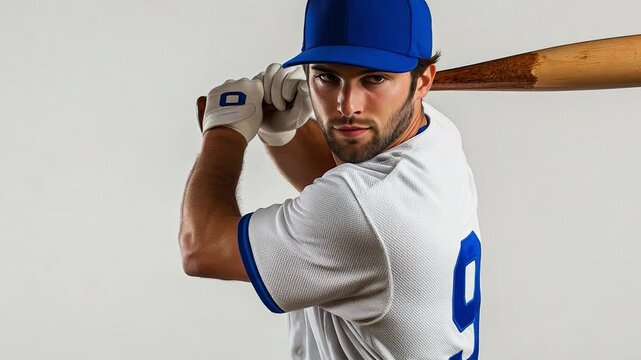 Young baseball player in a blue cap and jersey prepares to hit with a bat in a studio setting