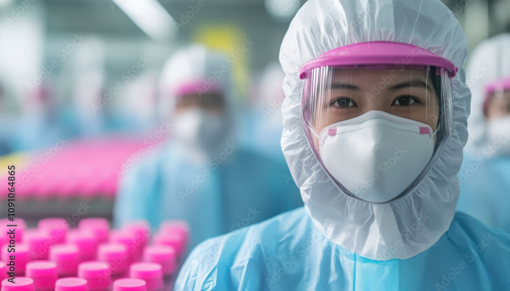 Poster factory worker in protective gear focuses on assembling products in clean environment, showcasing te