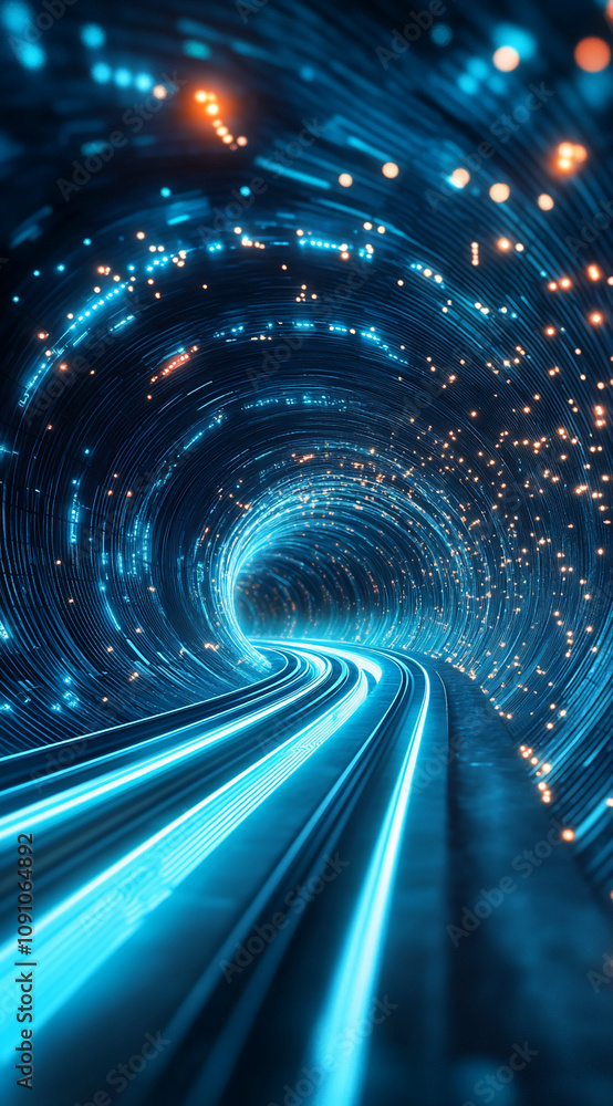 Aufkleber digital data streams illuminate a futuristic tunnel pathway at night