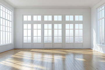 Fototapeta premium Empty Modern Room with Large Windows and Sunlight. Bright, Clean, Minimalist Interior Design. Perfect for Real Estate and Home Decor.