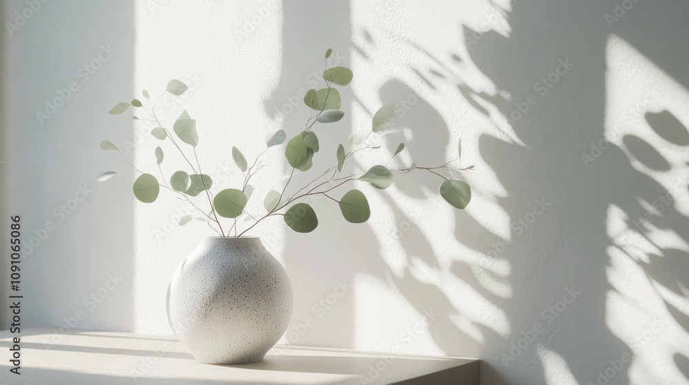 Poster A minimalist vase with greenery casting shadows on a wall in soft light.