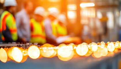 Group of factory workers in high visibility vests collaborating in bright industrial setting, showcasing teamwork and safety. warm glow of lights enhances atmosphere. 