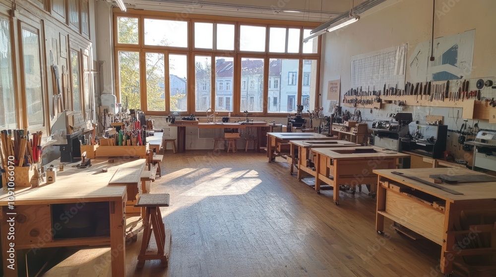 Poster A bright workshop space with wooden tables and tools for crafting and creating projects.