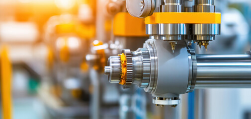 Fototapeta premium Advanced machinery in clean industrial setting with technicians operating equipment, showcasing precision and technology. Industrial workers in a factory and teamwork concept.