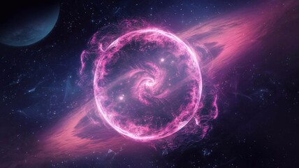 Pink and purple glowing nebula sphere with a swirling core, surrounded by particles, set in a fantasy-like cosmic atmosphere background