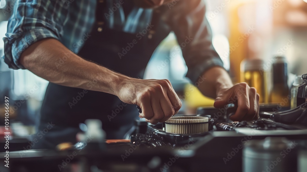 Poster a mechanic works on an engine, adjusting components with focused attention.