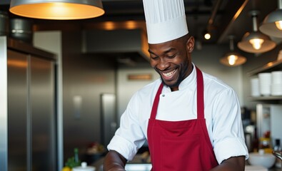 Professional Chef in Modern Kitchen Smiling Confidently, Perfect for Restaurant Marketing and Recruitment Materials
