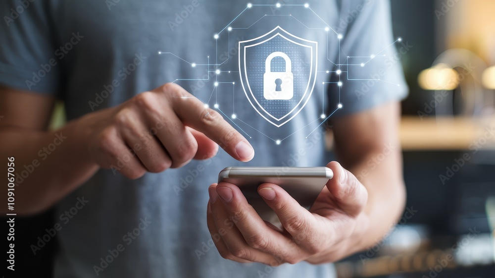 Poster smartphone with security shield icon and digital technology interface for online safety and data pri