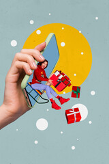 Vertical photo collage of happy girl ride sled peek phone screen sale present box offer new year...