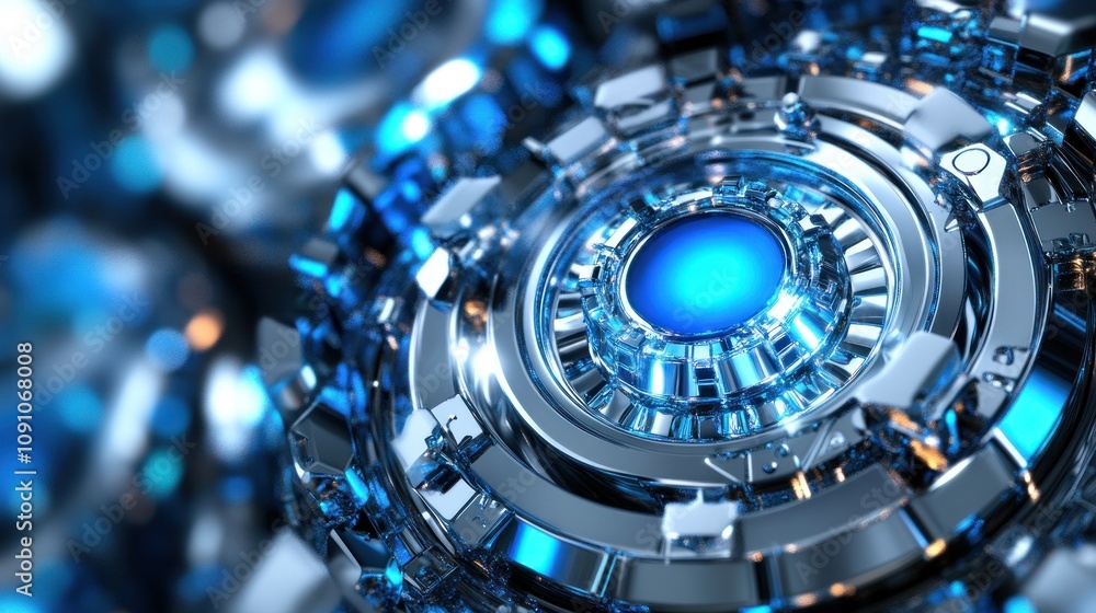 Aufkleber abstract close-up of metallic circular structures with blue highlights, suggesting technology.