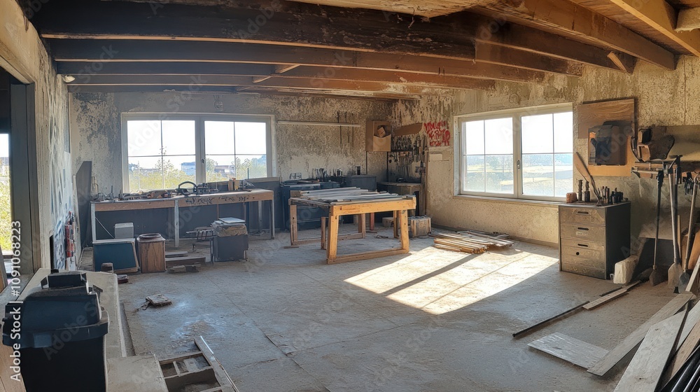 Poster a spacious workshop with tools and natural light, ideal for crafting or woodworking projects.
