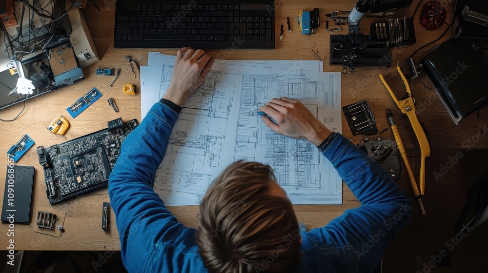 Poster a person analyzing blueprints surrounded by tools and components in a workspace.
