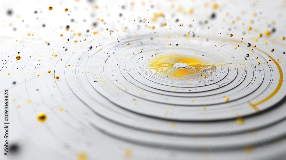Poster Abstract representation of concentric circles with floating particles, suggesting motion and energy.