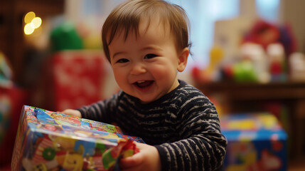 child, little boy tearing into presents on their birthday
