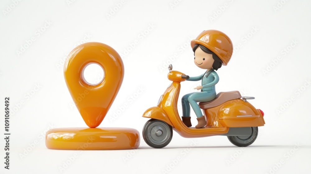Poster a cartoon character on a scooter next to a location pin, symbolizing delivery or navigation.