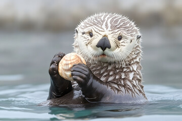 Sea Otter Feast: An adorable sea otter enjoys a delicious shellfish snack in crystal-clear water. Its captivating gaze and intricate fur pattern create a stunning wildlife portrait. 