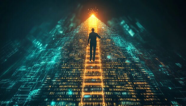 Person ascending a digital pathway to light