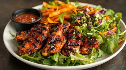 Fototapeta premium Grilled chicken wings served on a bed of greens with a side of sweet potato fries and salsa.