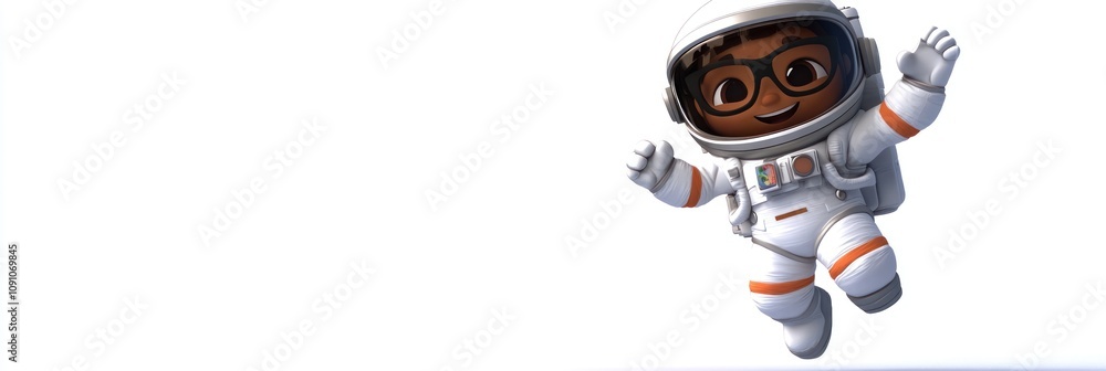 Poster a cheerful animated astronaut character floating in space, promoting exploration and curiosity.