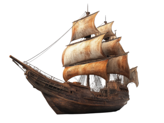 Old sailing ship with worn sails in bright light