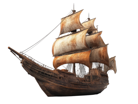 Old sailing ship with worn sails in bright light