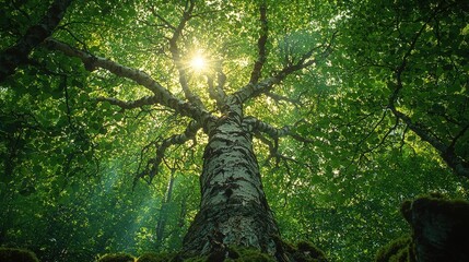 Fototapeta premium Majestic birch tree in sunlit forest canopy with lush green foliage