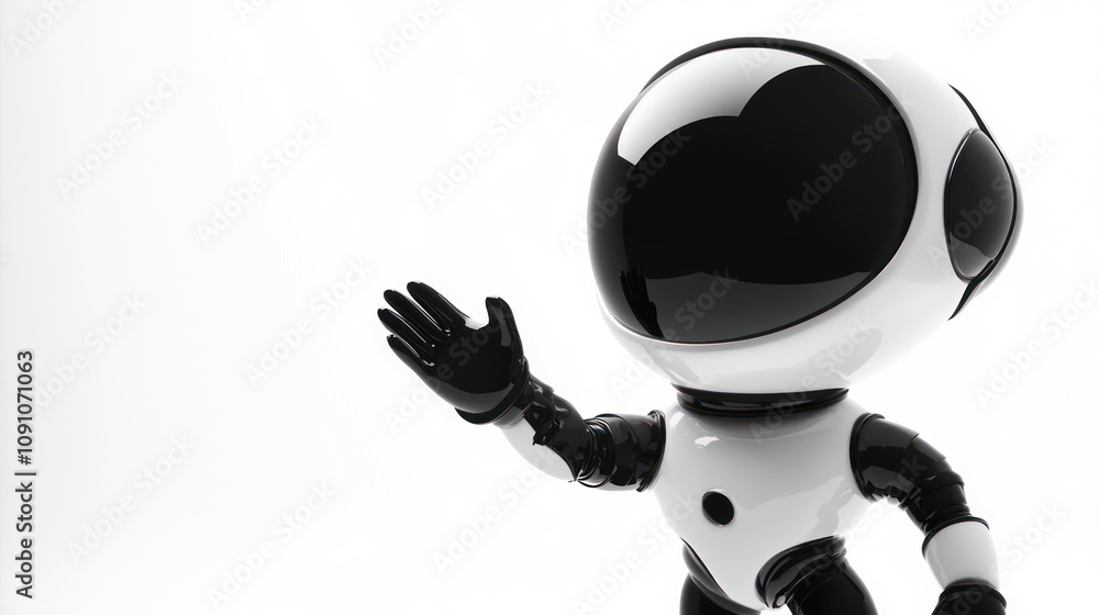 Poster a stylized, futuristic robot character waving in a minimalistic setting.