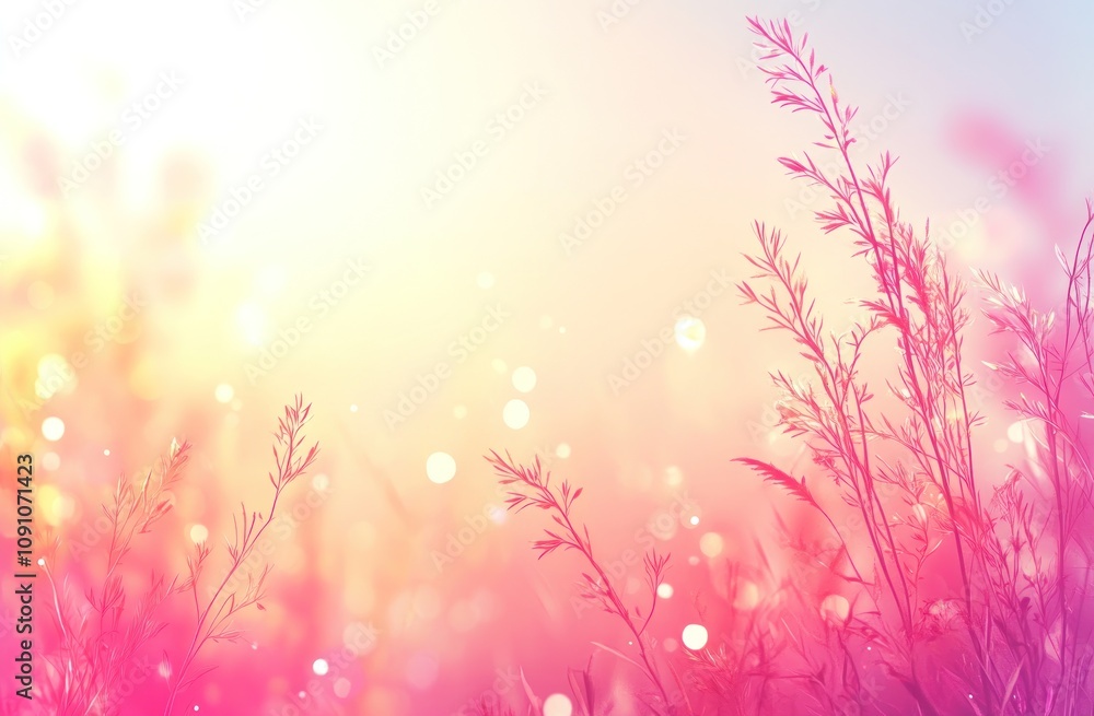 Poster a dreamy, soft-focus image of pink grass with a glowing background and light bokeh effects.