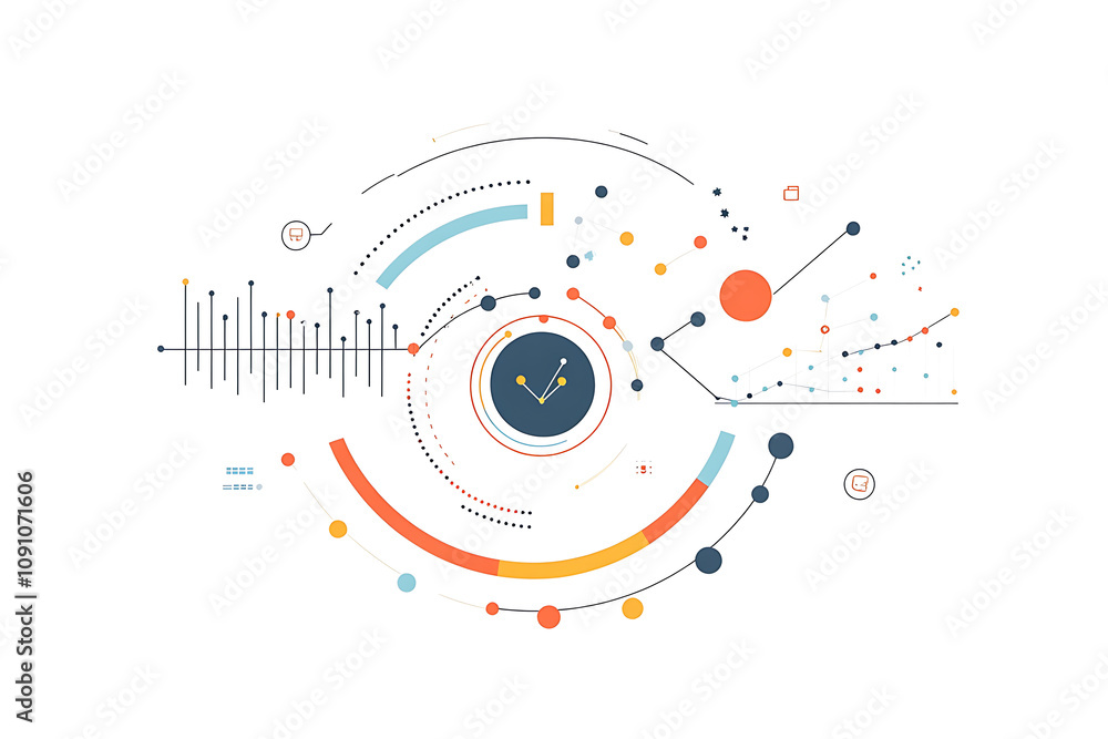 Poster abstract graphic design featuring circular elements and data visualizations.
