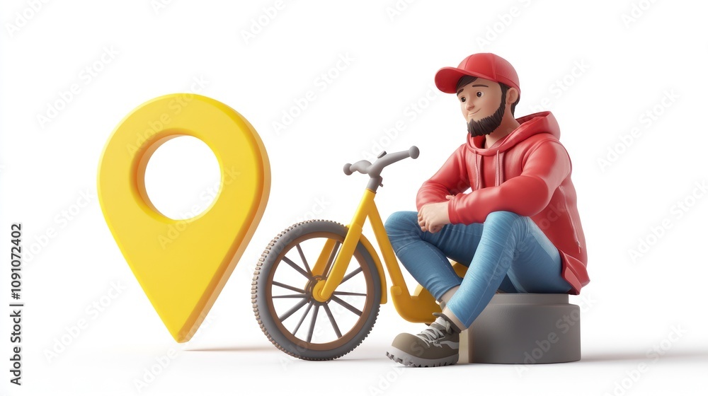 Poster a 3d character sits beside a bicycle and a location pin, symbolizing travel and exploration.