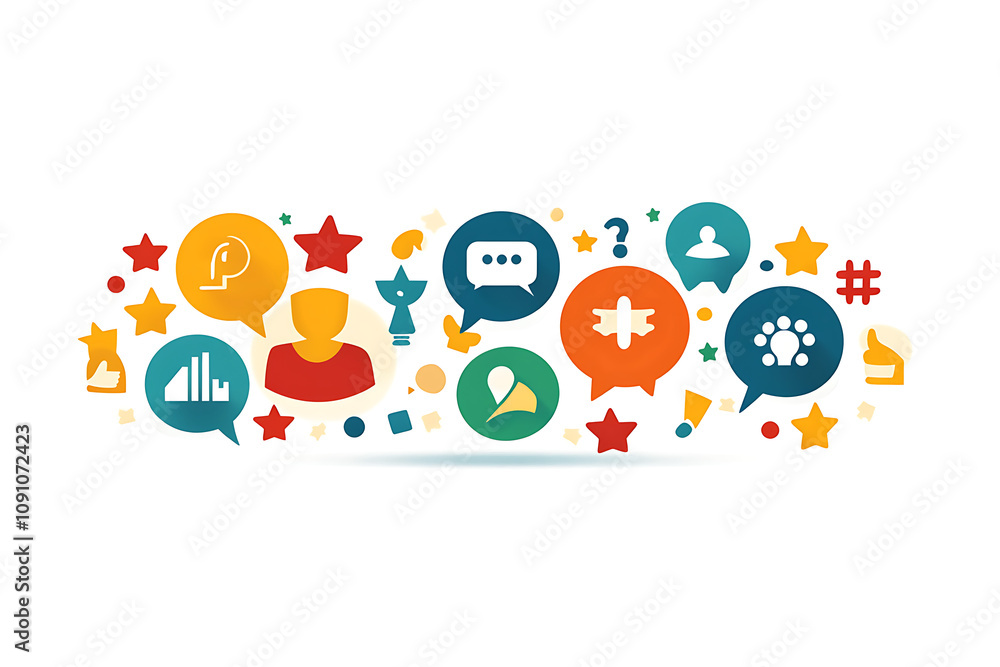 Poster colorful speech bubbles with icons representing communication and social interaction.
