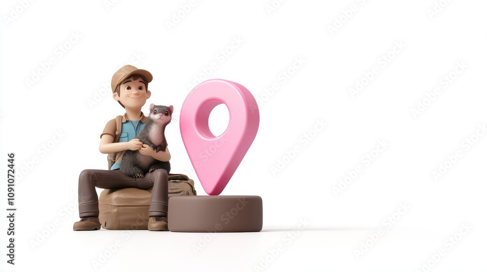 Poster a cartoon character sits with a pet, next to a large location pin symbol.