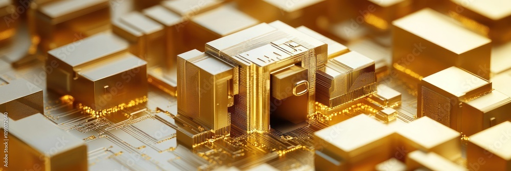 Poster A close-up view of intricate golden microchips on a circuit board.