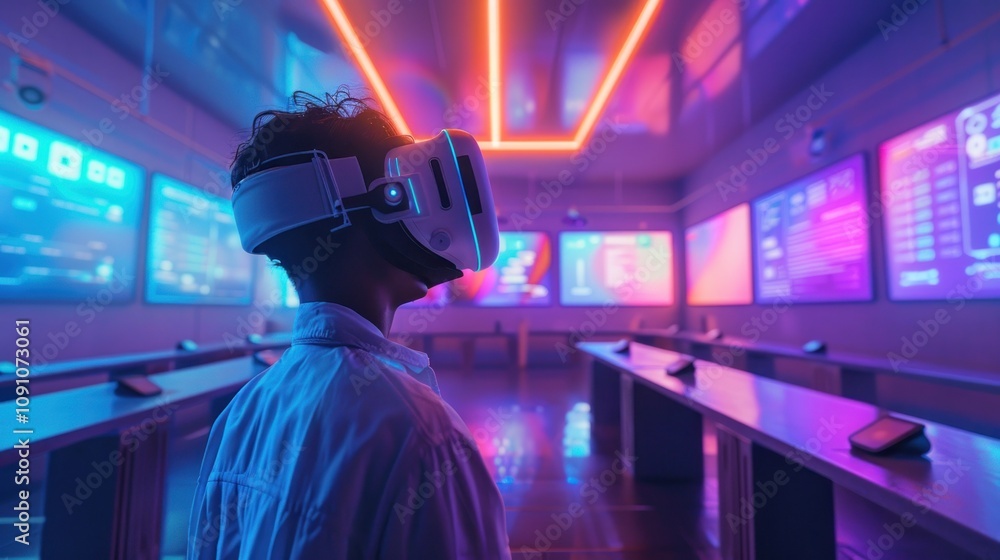 Poster a person wearing a vr headset stands in a futuristic lab with neon lights and screens displaying dat