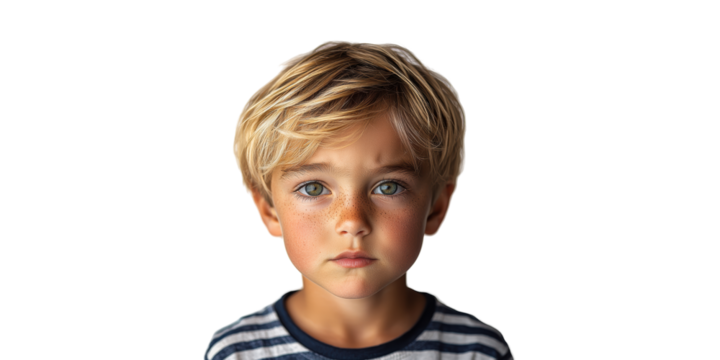 Young Boy With Blonde Hair and Striped Shirt Isolated on Transparent Background.