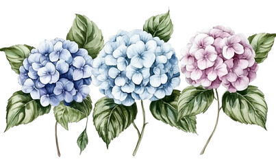 Obraz premium Hydrangea flowers in blue, pink, white shades with green leaves, botanical illustration, isolated on transparent background, png