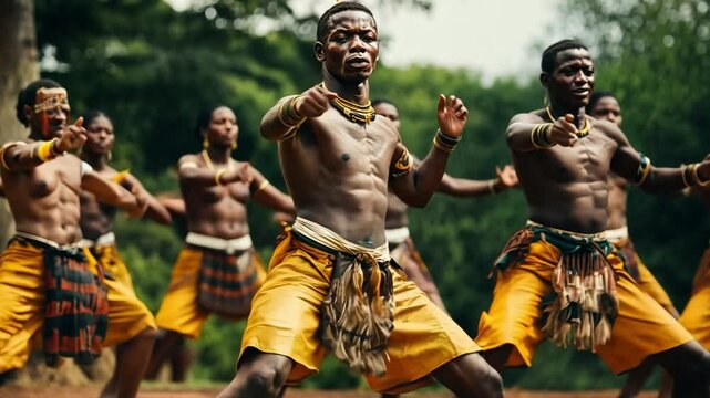 Group of African tribal men Dressed in yellow and brown, they are dancing and performing martial arts.