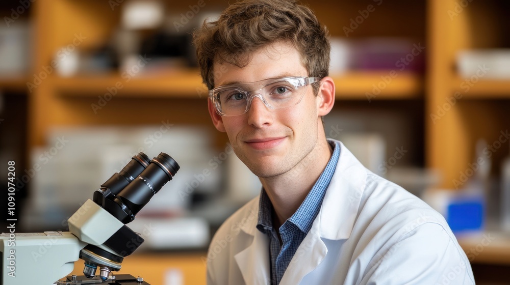 Poster a young scientist in a lab coat smiles beside a microscope in a research laboratory.