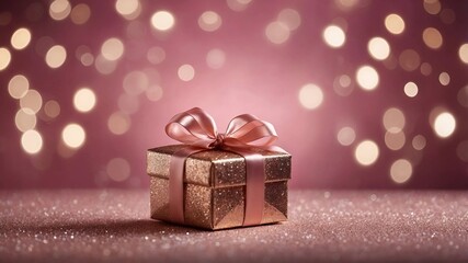 Obraz premium A gold box with a pink ribbon on the table on a pink background with a bokeh effect. The box is wrapped in shiny paper and decorated with a bow with copy space