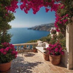 A Mediterranean terrace with vibrant bougainvillea and a sea view.