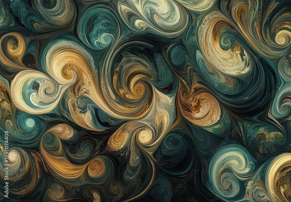 Poster abstract swirling patterns in earthy tones showcasing a blend of gold, teal, and cream colors creati