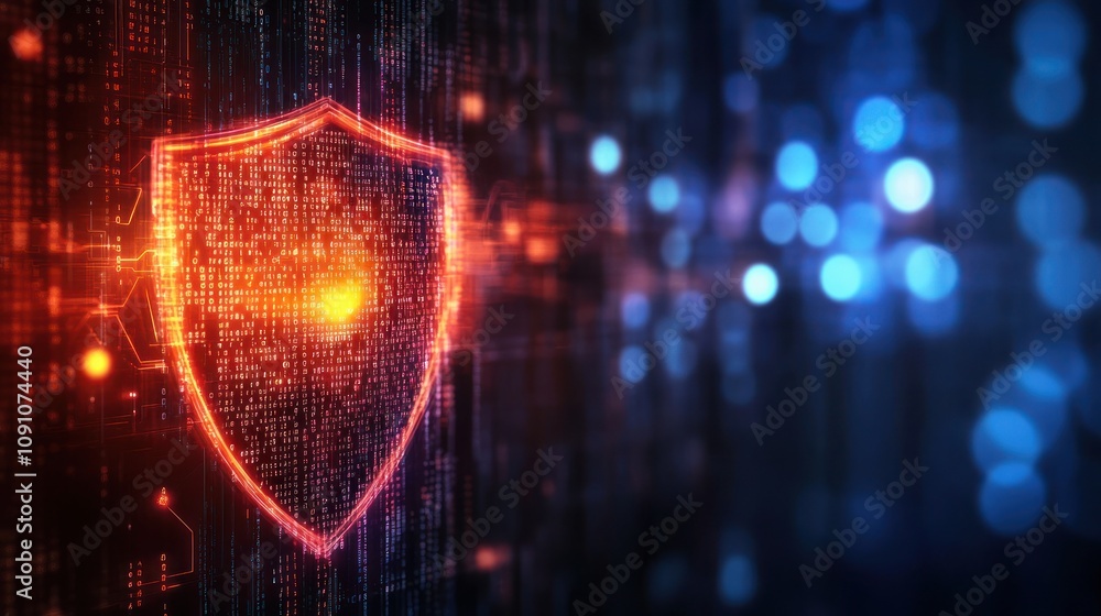Poster digital shield symbolizing cybersecurity amidst a backdrop of glowing data streams.